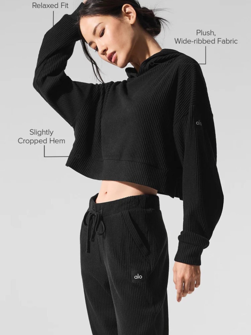 🖤 Alo Yoga Muse Cropped Ribbed Hoodie & Jogger Set | Black | Women's XXS | Luxe